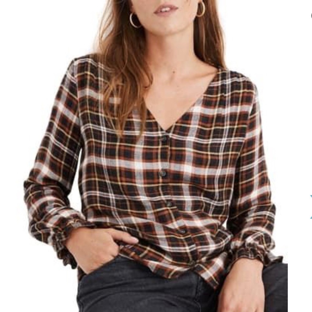 MADEWELL Plaid v-neck blouse with ruffle cuffs